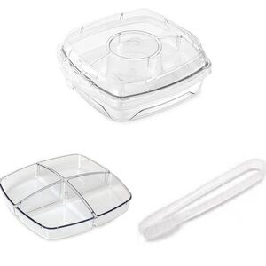 Pampered Chef Clear Plastic Divided Serving Tray with Lid and Tongs